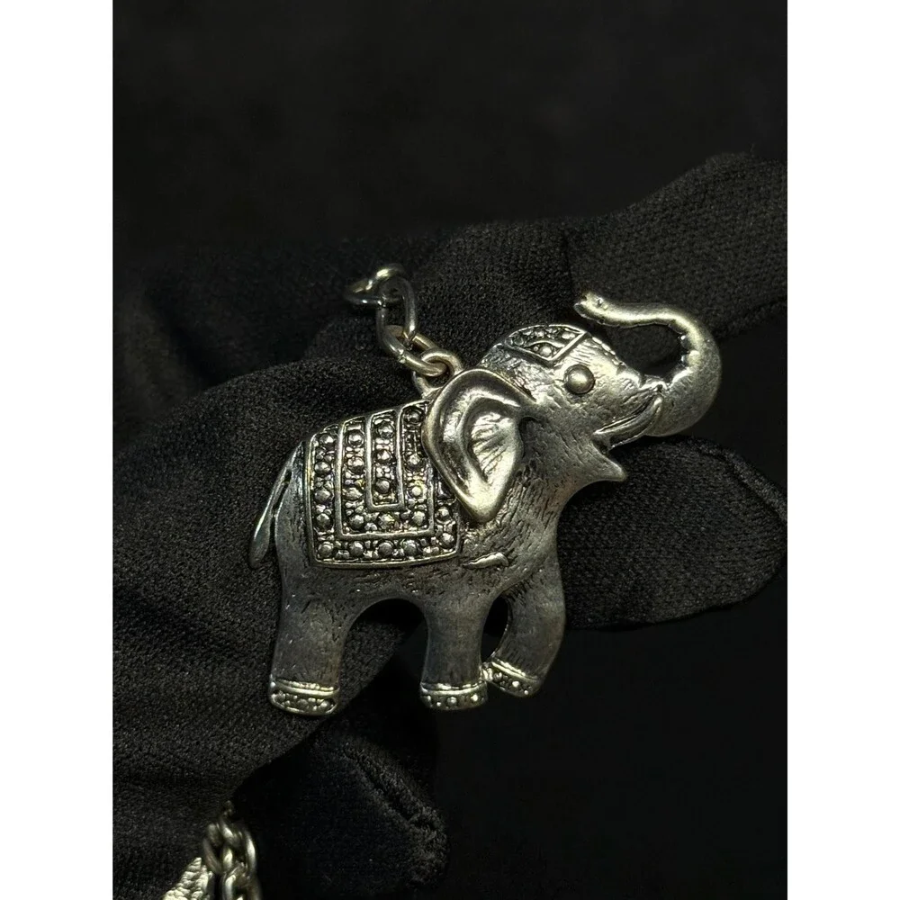 Vintage Silver Tone Elephant Charm Necklace Art Deco Style Marcasite Look